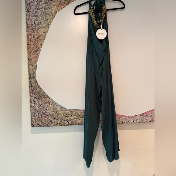 NWT Rusttydustty Teal Deep Green halter jumpsuit pants carta  pattern collar M - Picture 1 of 3